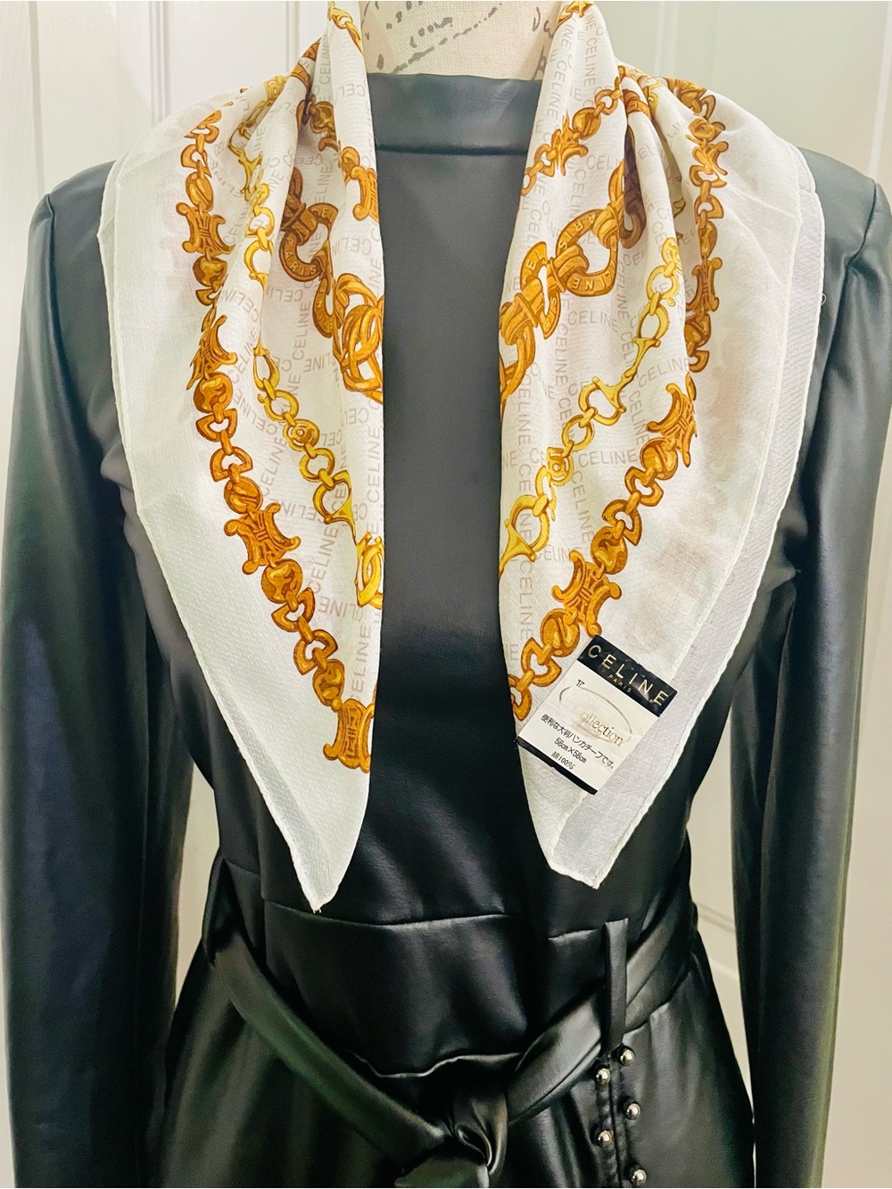 Celine White & Gold Chain Motif Silk Scarf